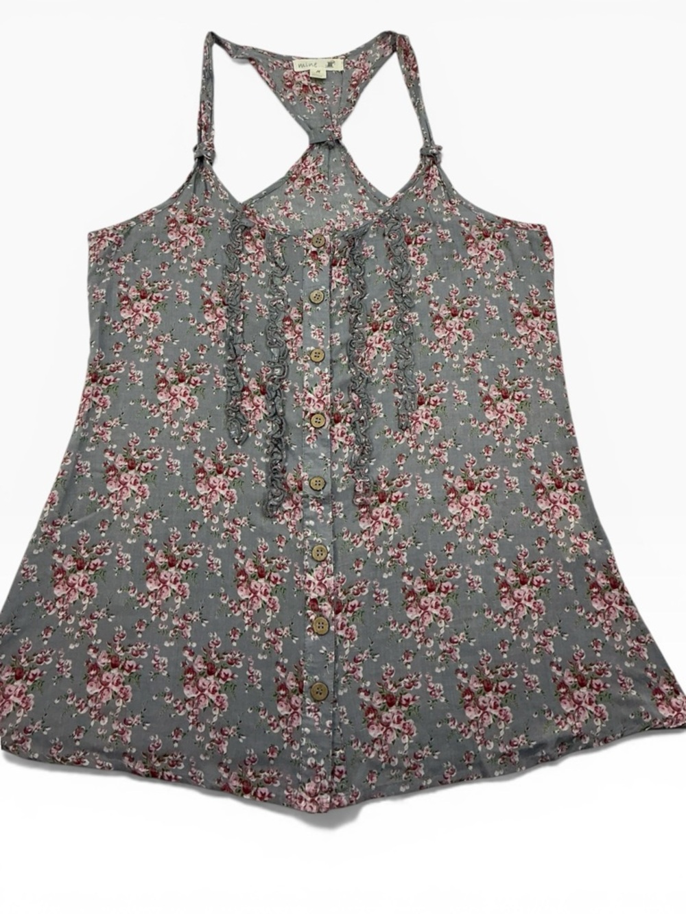 Mine Croquet Girl Pink and Gray Floral Racerback button up Tank Blouse Size Med